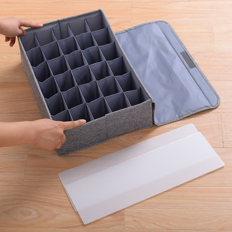 Collapsible fabric storage box for home use—dust-proof, multi-compartment organizer for underwear, socks, and lingerie.