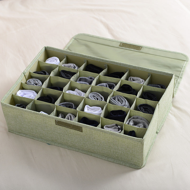 Collapsible fabric storage box for home use—dust-proof, multi-compartment organizer for underwear, socks, and lingerie.